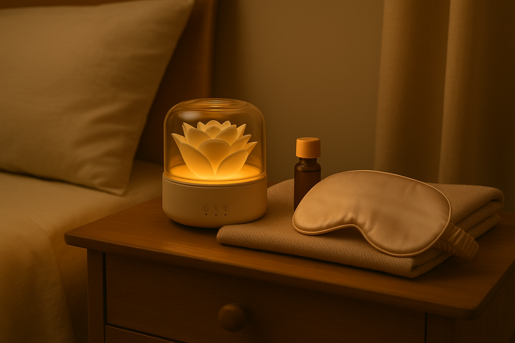 Self-care bundle with diffuser, essential oil, and silk sleep mask on bedside table for relaxation and wellness