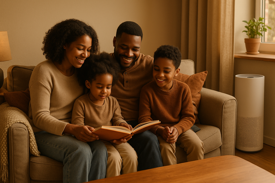 Mom with kids or family relaxing in a cozy living room, with the purifier in view.