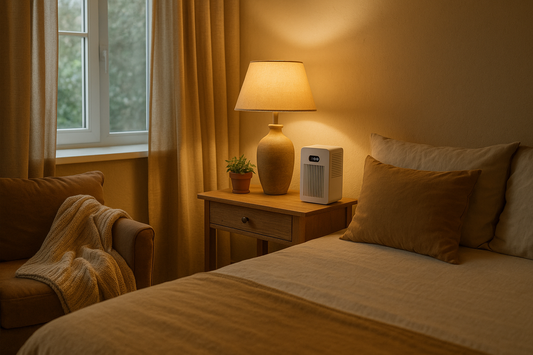 Cozy bedroom with warm lighting, open window, air purifier, and nightstand plant for cleaner indoor air