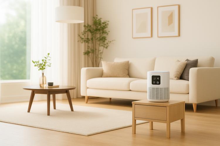 Modern white air purifier on a wooden side table in a cozy living room with sofa, plant, and warm lighting.