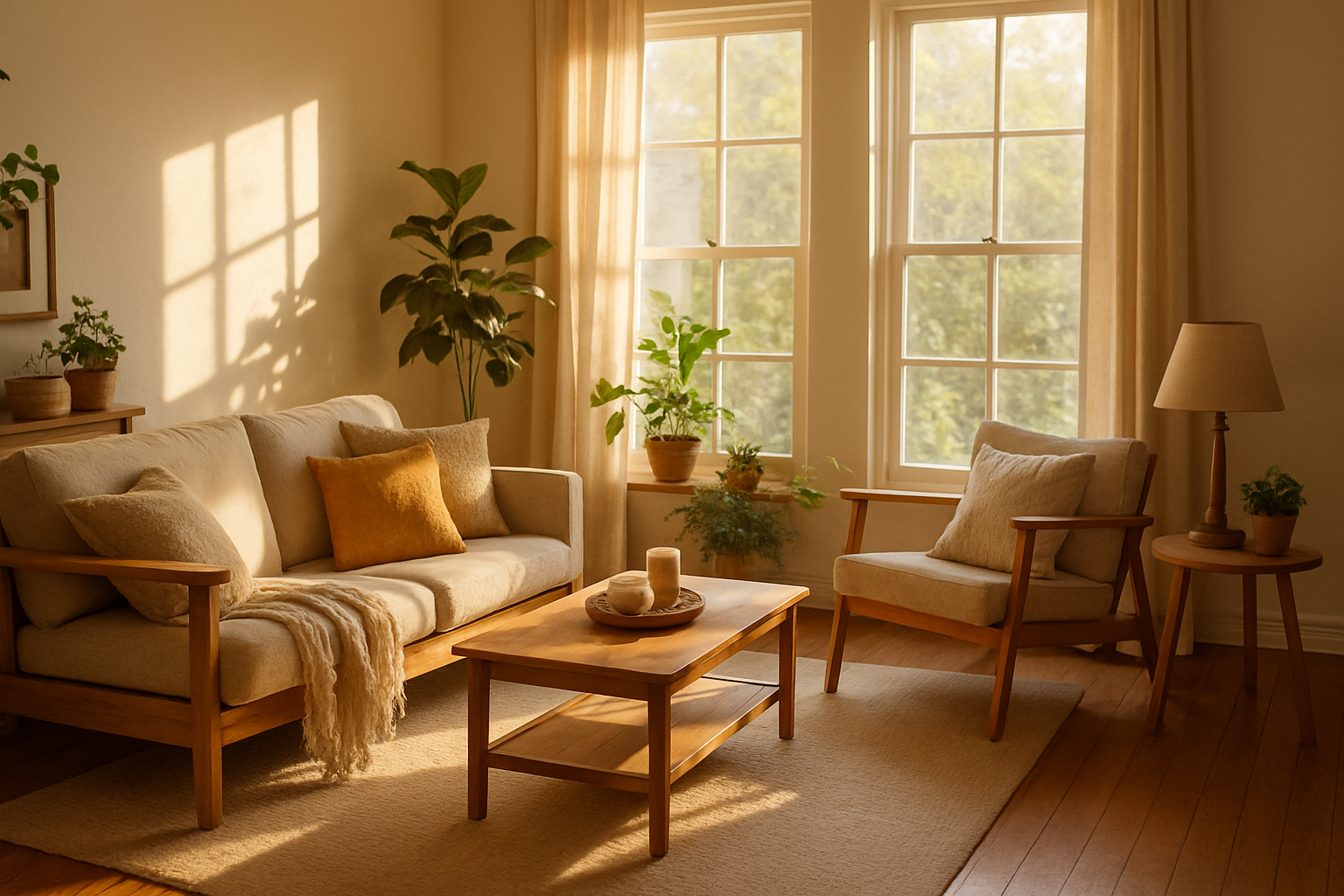 Cozy living room with sofa, plants, and sunlight streaming through large windows, representing a healthy home environment.